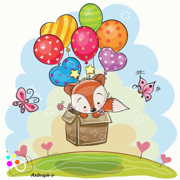 وکتور کارتونی روباه در جعبه با بادکنک-کد 3638