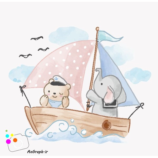 وکتور کودکانه فیل و خرسی سوار قایق-کد 3735