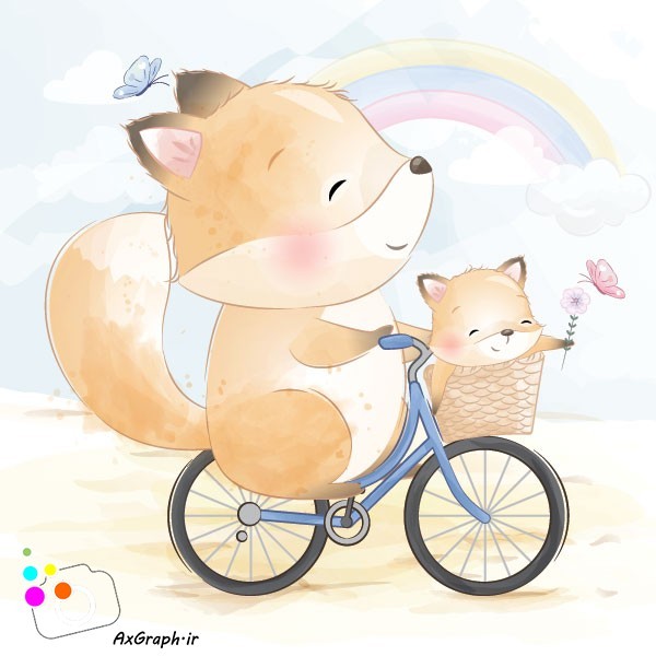 وکتور کودکانه روباه مادر و بچه دوچرخه سوار-کد 3774