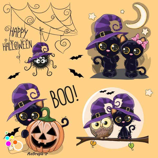دانلود وکتور کارتونی گربه سیاه و هالووین-کد 4006