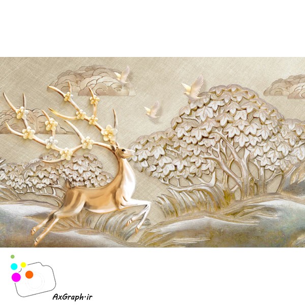 دانلود کاغذ دیواری سه بعدی درخت و آهوی طلایی-کد 2952