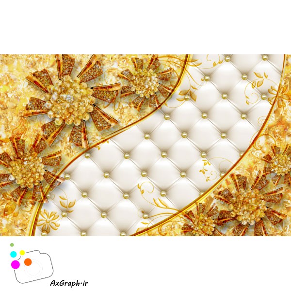 دانلود کاغذ دیواری سه بعدی گل و مروارید طلای لوکس-کد 2956