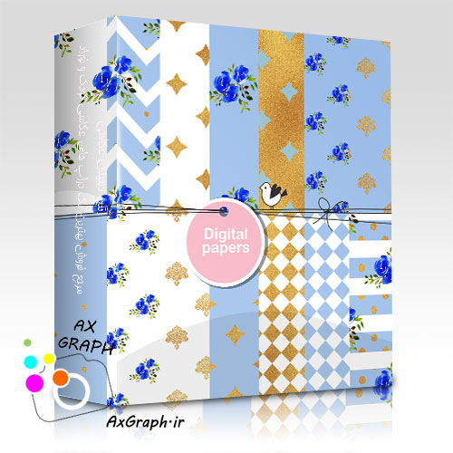 دانلود کاغذ دیجیتال هندسی و گل گلی آبی و طلایی-کد 2850
