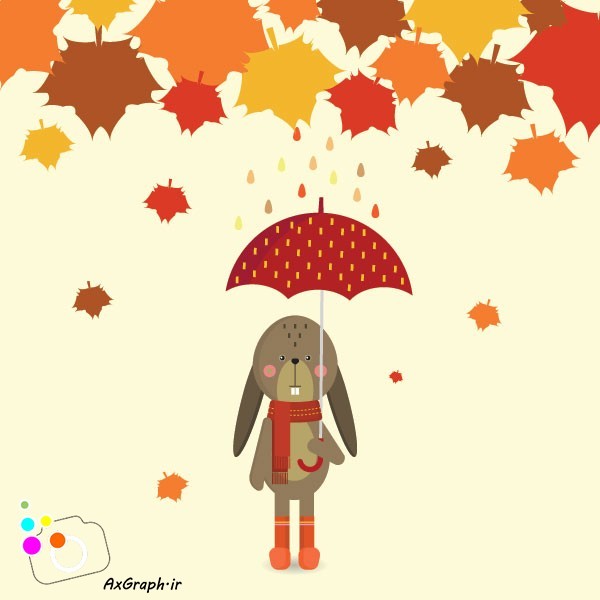 دانلود وکتور کارتونی خرگوش چتر به دست زیر باران پاییزی-کد 4073