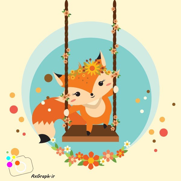 دانلود وکتور کارتونی روباه تاب سوار در پاییز-کد 4082