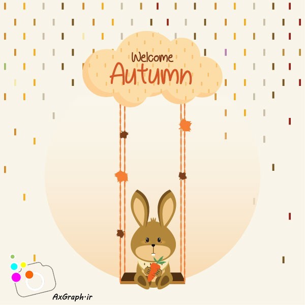 دانلود وکتور کارتونی خرگوش تاب سوار زیر باران پاییزی-کد 4093