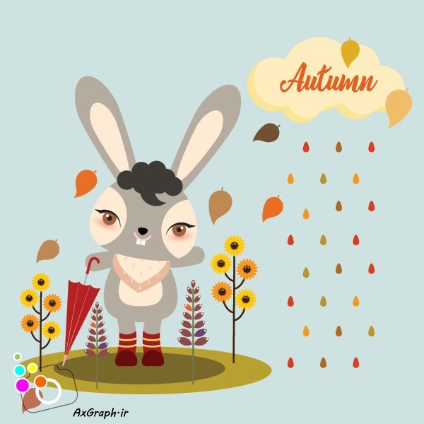 دانلود وکتور کارتونی خرگوش زیر باران پاییزی-کد 4099