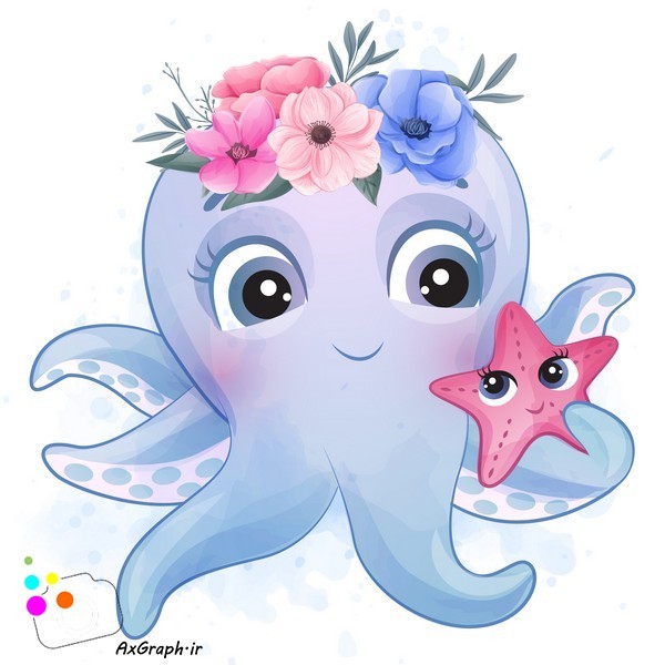 دانلود وکتور کارتونی اختاپوس گل به سر و ستاره دریایی-کد 4234
