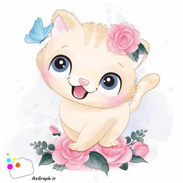 دانلود وکتور کودکانه گربه و گل رز-کد 5062