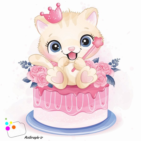 دانلود وکتور کودکانه گربه ملوس روی کیک-کد 5071