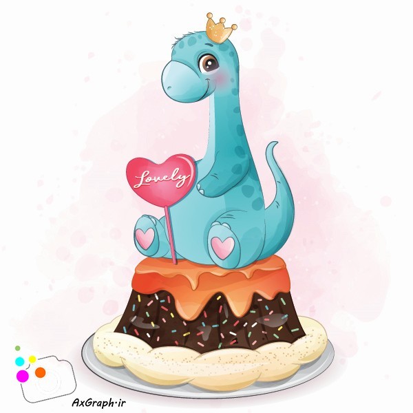 دانلود وکتور کودکانه دایناسور آبی روی کیک-کد 5078