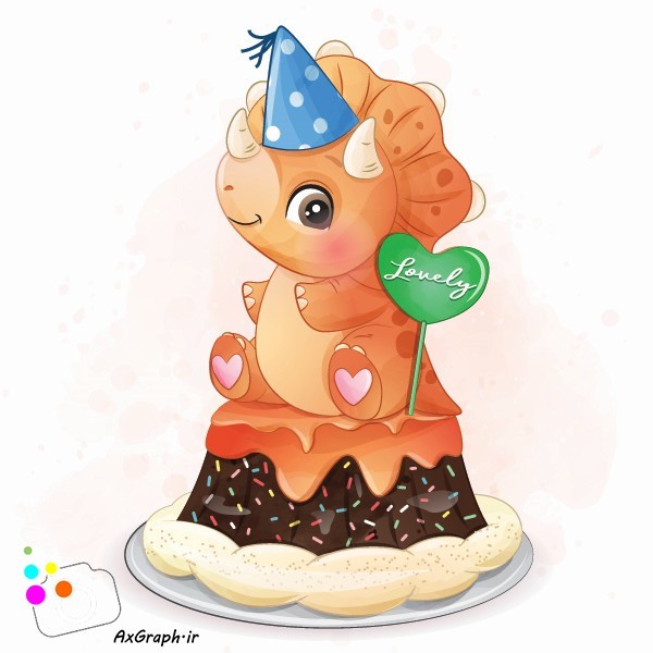 دانلود وکتور کودکانه دایناسور نارنجی روی کیک-کد 5079