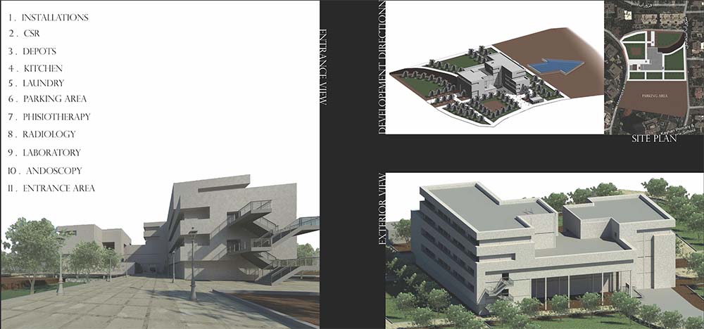 پروژه طراحی بیمارستان (به همراه تمامی نقشه ها، نماها، رندرهای سه بعدی، تحلیل سایت و کلیه فایل های مورد نیاز)