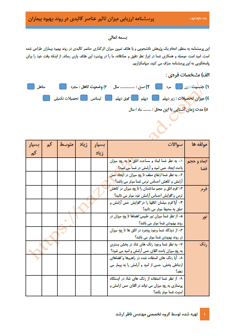 پرسشنامه ارزیابی میزان تاثیر عناصر کالبدی در روند بهبود بیماران