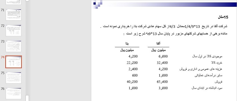 پاورپوینت با موضوع "مطالب مربوط به تركيب واحد هاي تجاري و تهيه صورتهاي مالي تلفيقي" در 85 اسلاید