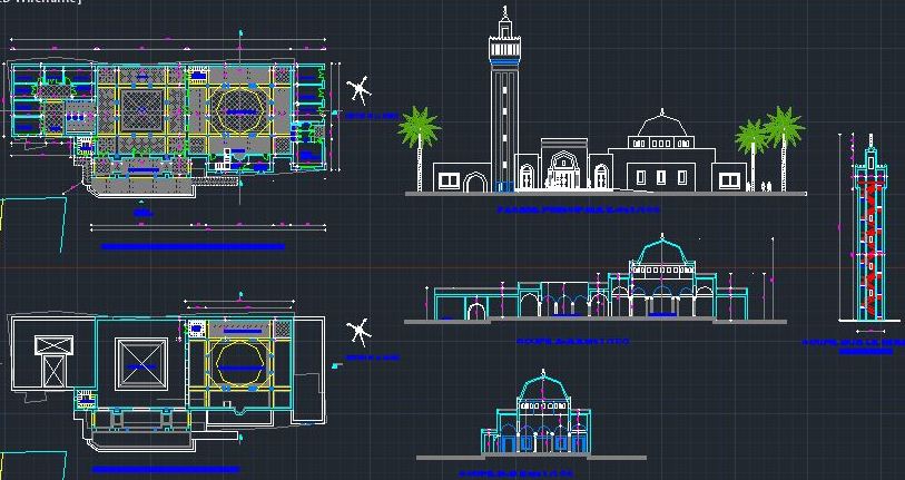 پلان مسجد و مناره 3 (نما،برش)